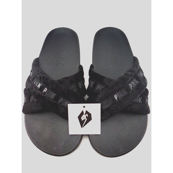 Victoria's Seceret Pink Criss Cross Furry Comfort Sliders Black 8 - Picture 9 of 9